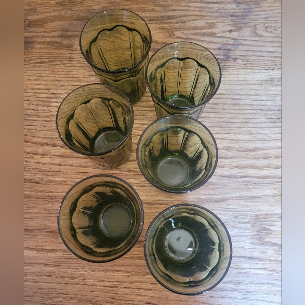 Vintage Dark Olive Green Paneled Tumblers Drinking Glasses Retro Set Of Six